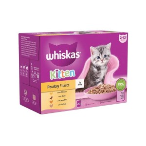 پوچ بچه گربه ویسکاس با طعم گوشت پرندگان Whiskas Pouch Poultry Selection مجموعه 12 عددی