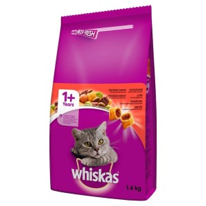 غذای خشک گربه ویسکاس با طعم گوشت گاو Whiskas Adult with Beef وزن 1.4 کیلوگرم