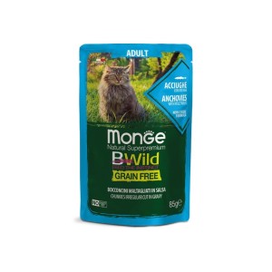 پوچ گربه مونژه مدل بی‌وایلد با طعم ماهی کولی Monge Bwild Cat Pouch with Anchovies وزن 85 گرم