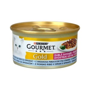 کنسرو غذای گربه گورمت خورشتی با طعم ماهی و اسفناج Gourmet Gold In Gravy وزن 85 گرم