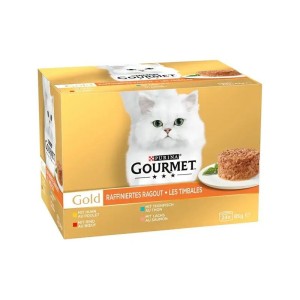 کنسرو غذای گربه گورمت کیکی با 4 طعم گوشت گاو، مرغ، تن و سالمون Gourmet Gold Savoury Cake بسته 24 عددی