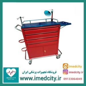 ترالی اورژانس فلزی چهار کشو کمددار رویه استیل پزشک آرا