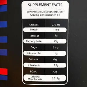جدول ترکیبات و اطلاعات تغذیه‌ای پودر گینر جی تی گین آی اس اس 4000 گرم، شامل 272 کالری، 16 گرم پروتئین، 45 گرم کربوهیدرات، 7.2 گرم گلوتامین و 7.2 گرم BCAA