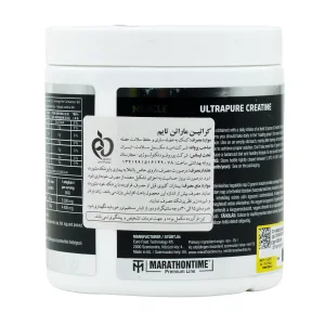 برچسب پشت پودر کراتین ماراتن تایم ۳۰۰ گرم همراه هشدار و شرایط نگهداری