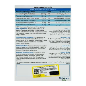 پشت جعبه قرص بلو پیل نیچرز اونلی با ترکیبات گیاهی، روش مصرف، منع مصرف و هشدارها