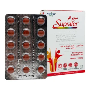 بلیستر قرص سوپرافر نیچرز اونلی در کنار جعبه بسته ۳۰ عددی