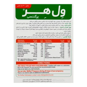 پشت جعبه قرص ول هر پرگننسی ویتالوجیک با جدول ویتامین‌ها، مواد معدنی و دستور مصرف