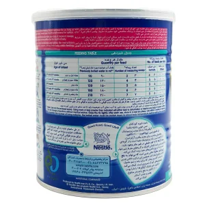 پشت قوطی شیر خشک گیگوز 1 نستله 400 گرم با جدول شیردهی و مقدار آب و پیمانه بر اساس سن