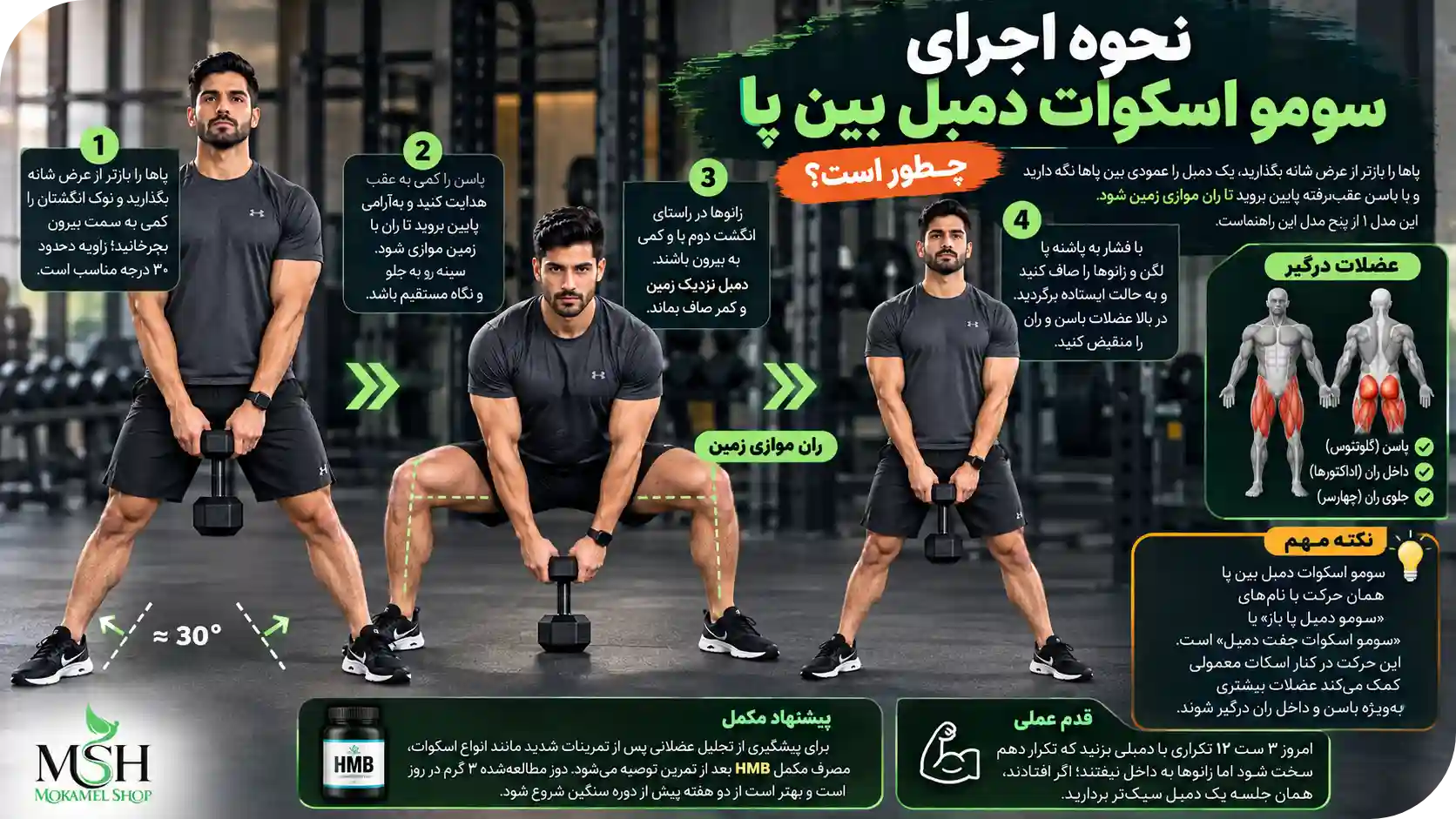 نحوه اجرای سومو اسکوات دمبل بین پا