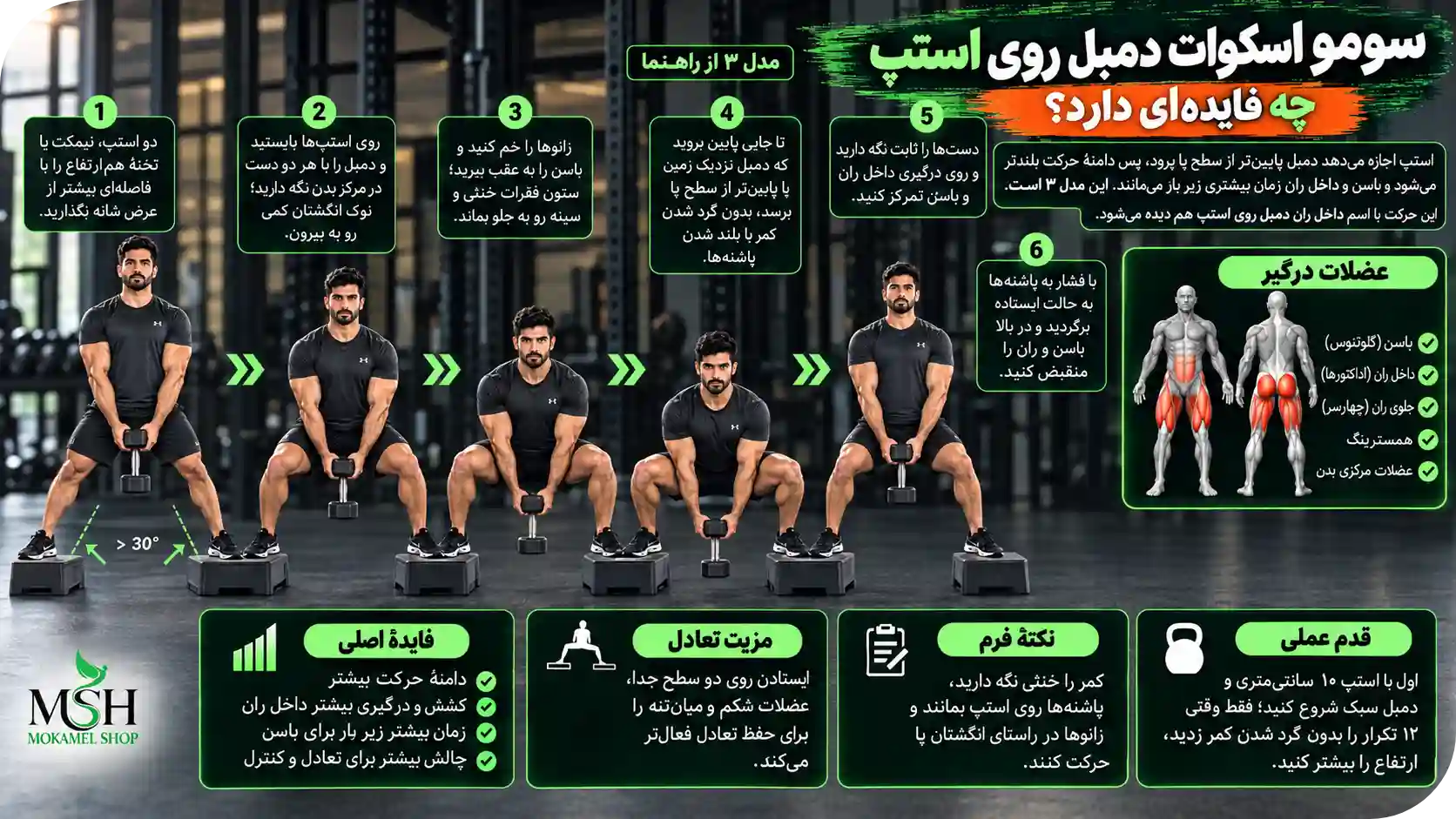 سومو اسکوات دمبل روی استپ چه فایده&zwnj;ای دارد