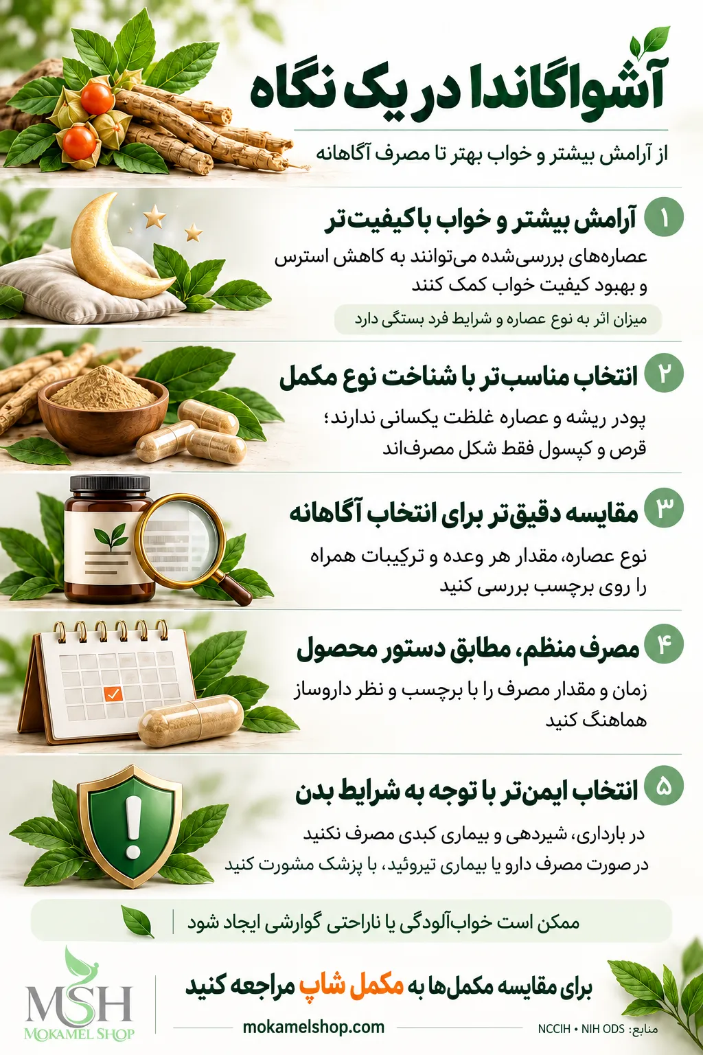 اینفوگرافیک خواص آشواگاندا برای کمک به کاهش استرس و بهبود خواب، انتخاب مکمل و نکات مصرف ایمن