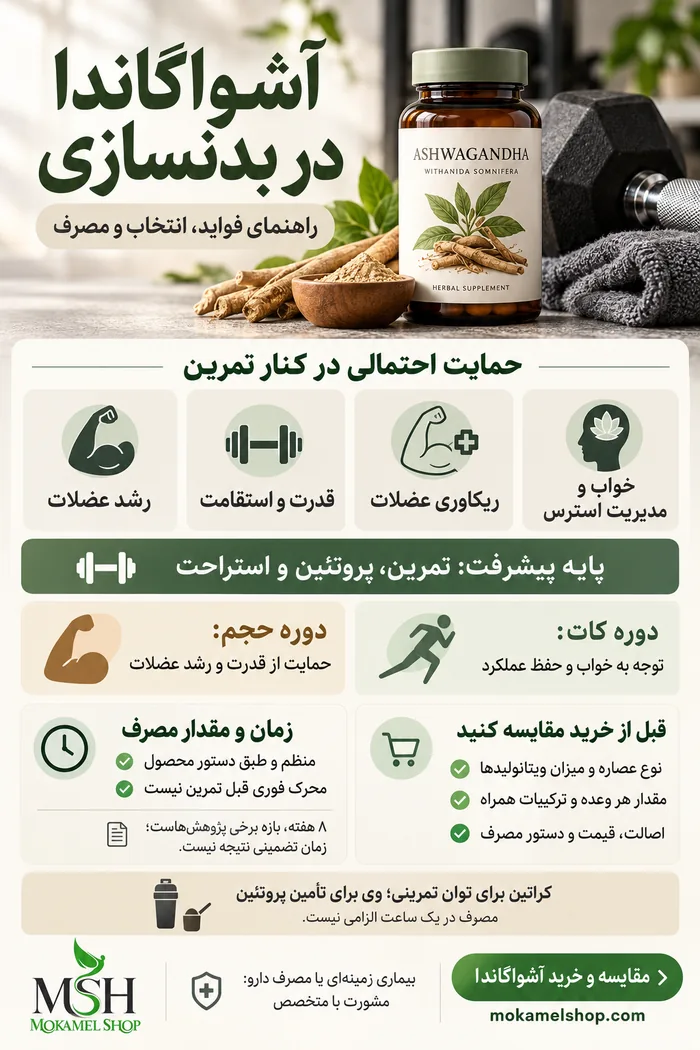 اینفوگرافیک آشواگاندا در بدنسازی؛ فواید برای عضله&zwnj;سازی، قدرت و ریکاوری، همراه راهنمای انتخاب و مصرف مکمل