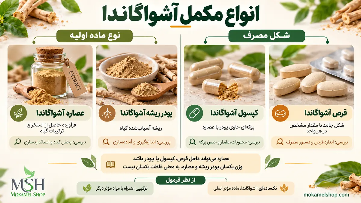 مقایسه انواع مکمل آشواگاندا؛ ویژگی&zwnj;های قرص، کپسول، پودر ریشه و عصاره و تفاوت شکل مصرف با نوع ماده اولیه