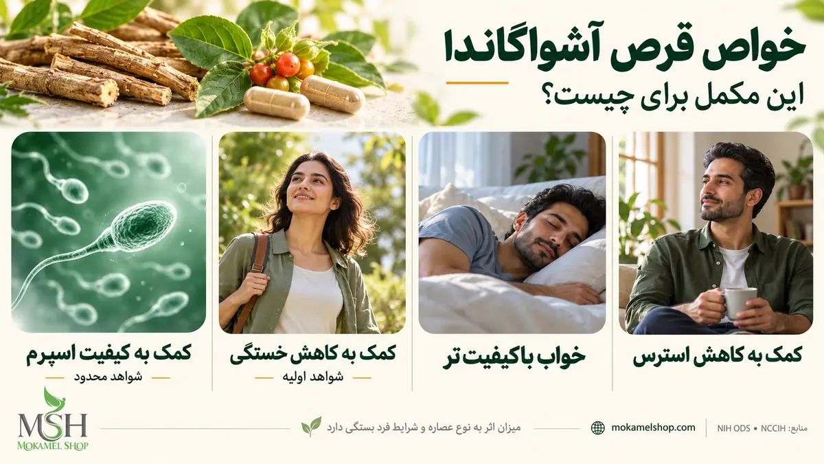 خواص قرص آشواگاندا؛ کمک به کاهش استرس و بهبود خواب، با فواید احتمالی برای کاهش خستگی و بهبود کیفیت اسپرم