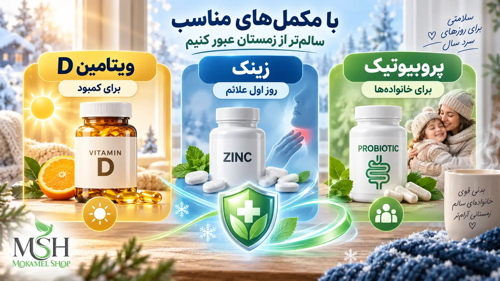 اینفوگرافیک بهترین مکمل&zwnj;ها و ویتامین&zwnj;ها برای پیشگیری از آنفولانزا شامل ویتامین D، زینک و پروبیوتیک
