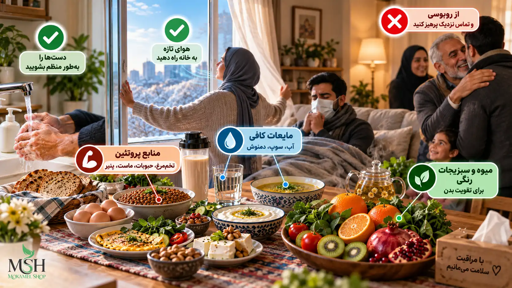 راهنمای تصویری پیشگیری از آنفولانزا در خانه با شستن دست، تهویه، پرهیز از تماس نزدیک و مصرف پروتئین، مایعات، میوه و سبزیجات
