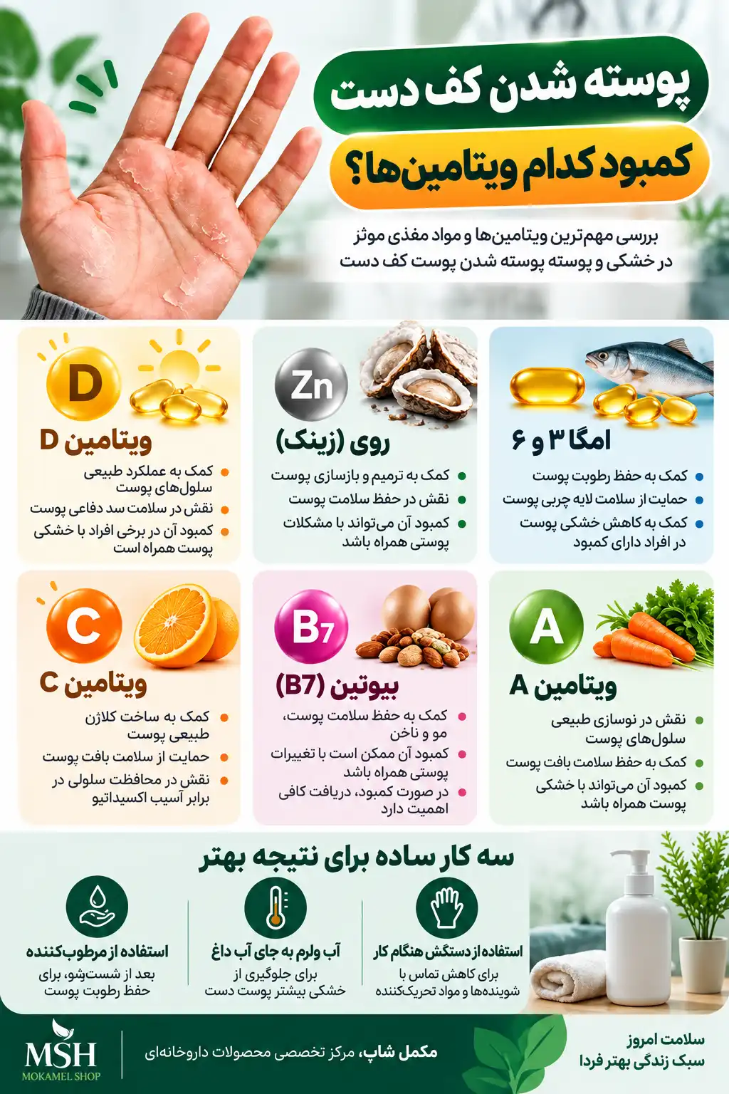 اینفوگرافیک کمبود ویتامینها و مواد مغذی مرتبط با پوسته شدن کف دست