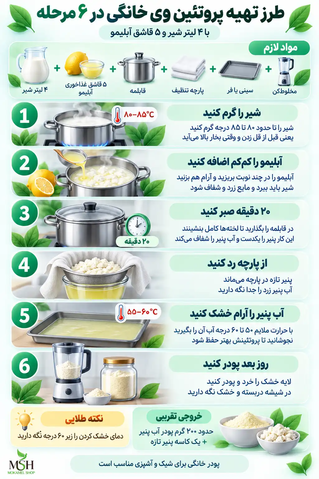 اینفوگرافیک ۶ مرحلهای طرز تهیه پروتئین وی خانگی با شیر و آبلیمو شامل گرم کردن شیر، اضافه کردن آبلیمو، صاف کردن، خشک کردن و پودر کردن