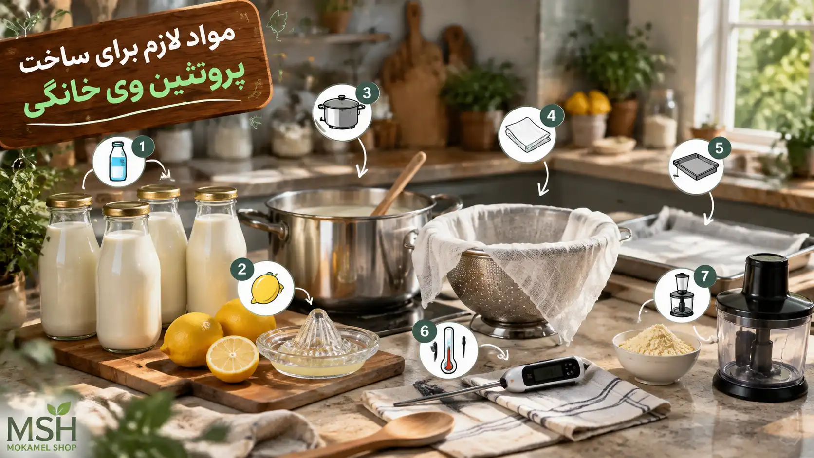 راهنمای تصویری مواد لازم برای ساخت پروتئین وی خانگی با شیر، لیمو، قابلمه، پارچه صاف&zwnj;کن، دماسنج و مخلوط&zwnj;کن