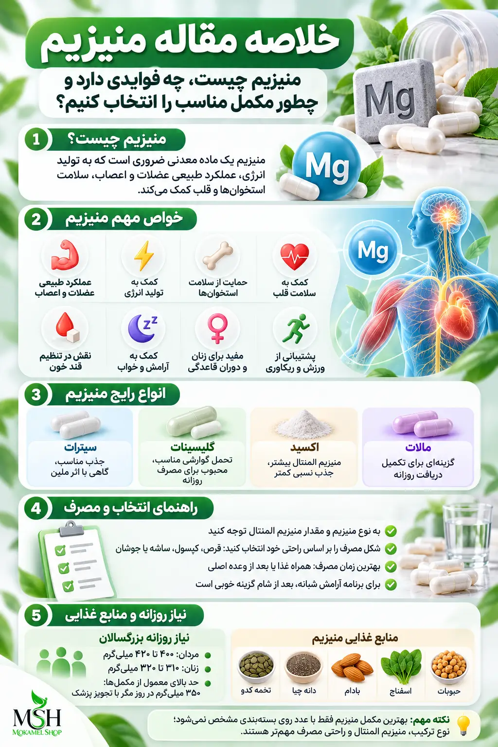 اینفوگرافیک خواص قرص منیزیم برای بدن؛ بررسی ۸ فایده منیزیم، انواع سیترات، گلیسینات، اکسید و مالات، مقدار نیاز روزانه، بهترین زمان مصرف و منابع غذایی منیزیم.
