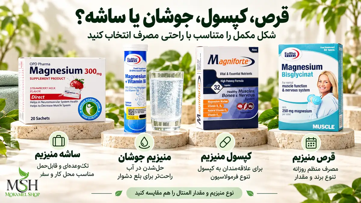 مقایسه قرص، کپسول، جوشان و ساشه منیزیم با محصولات مکملشاپ و راهنمای انتخاب شکل مصرف