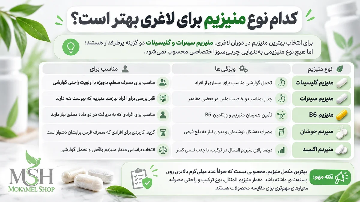 مقایسه انواع منیزیم برای لاغری؛ بررسی منیزیم گلیسینات، سیترات، B6، جوشان و اکسید برای انتخاب بهترین مکمل منیزیم