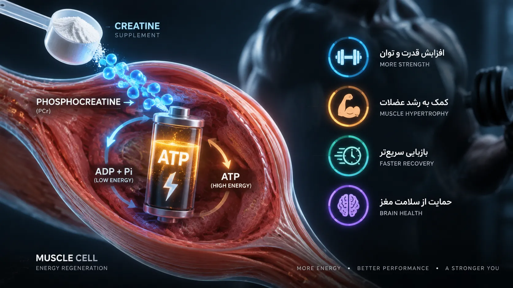 اینفوگرافیک عملکرد کراتین در بازسازی ATP و تأمین انرژی عضلات