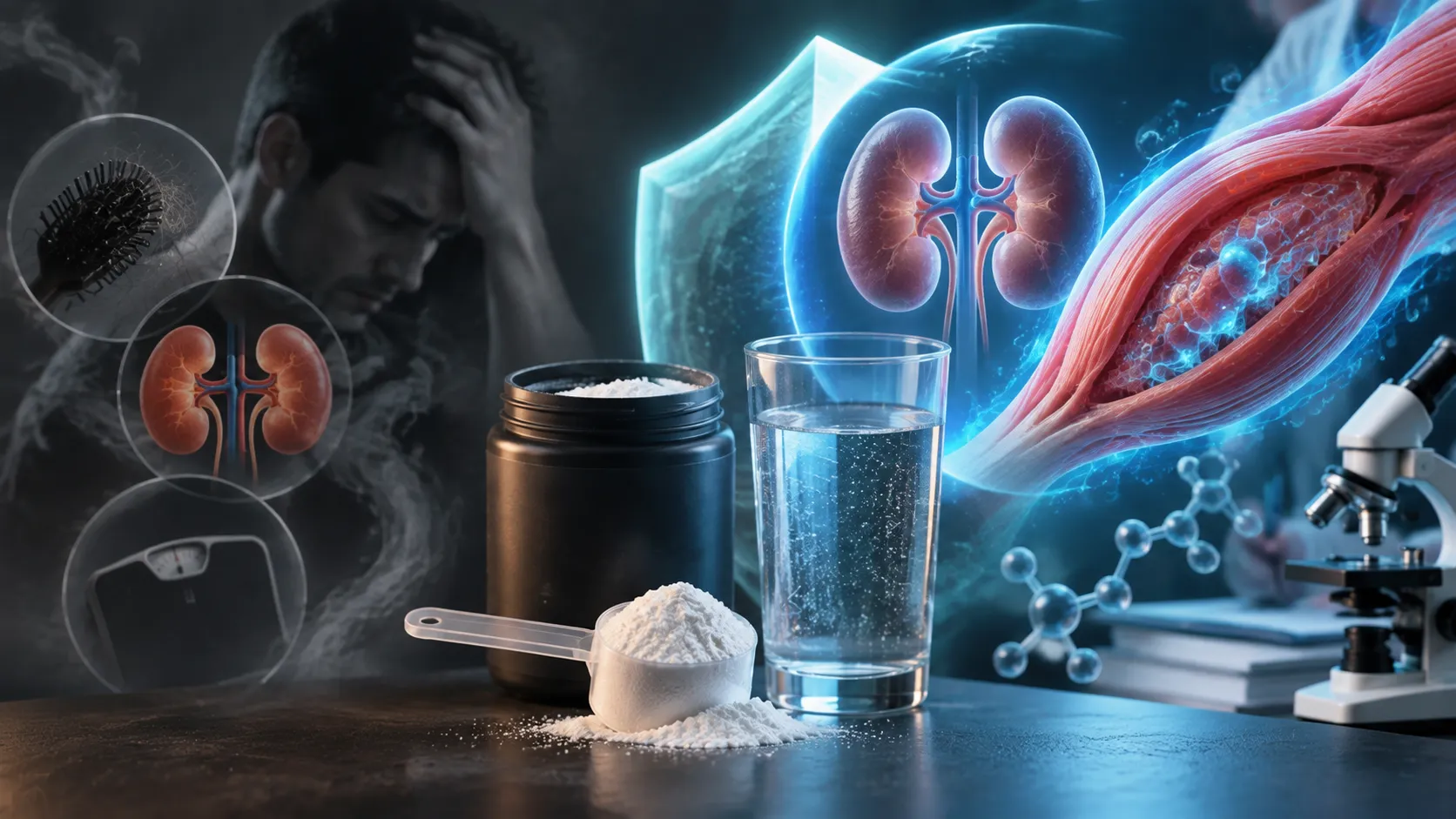 تصویر مفهومی بررسی علمی ایمنی کراتین با نمایش کلیه، عضله و شواهد پژوهشی