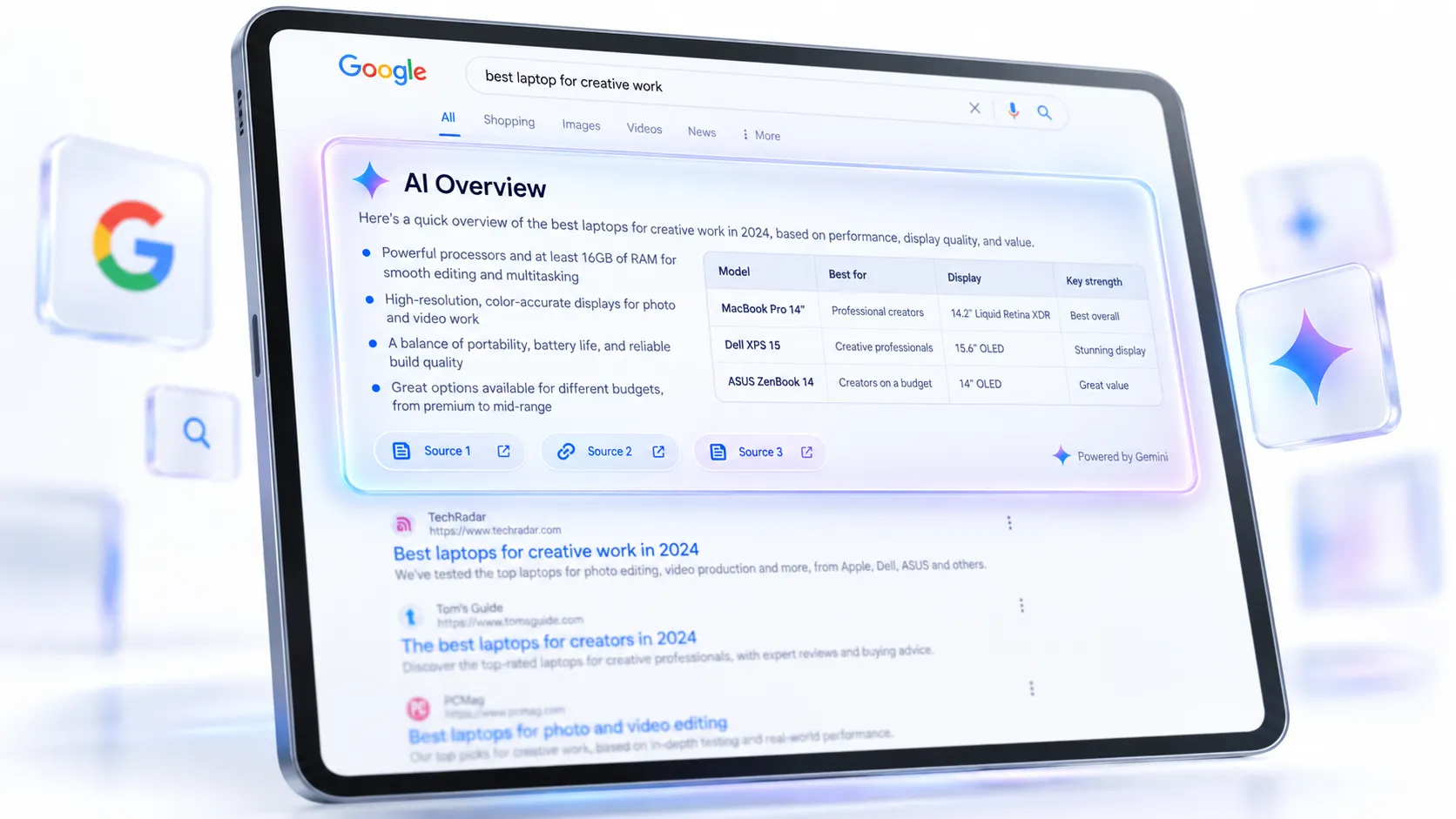 صفحهٔ نتایج گوگل با جعبهٔ خلاصهٔ AI Overviews در بالای لینک&zwnj;های آبی و فهرست سایت&zwnj;های منبع کنار آن