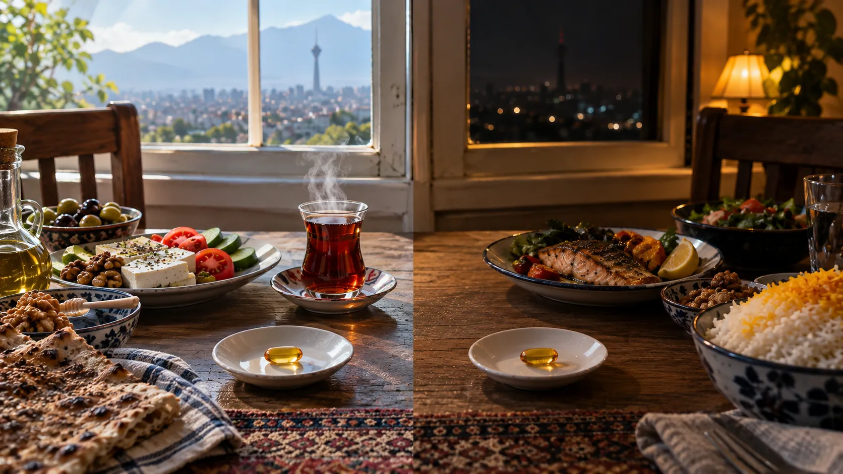 یک میز غذاخوری که قاب از وسط دو نیم شده؛ نیمهٔ چپ صبح با نان و پنیر و استکان چای و روشنایی روز، نیمهٔ راست شب با بشقاب ماهی و پلو و چراغ&zwnj;های شهر؛ در هر نیمه یک کپسول امگا ۳ روی نعلبکی