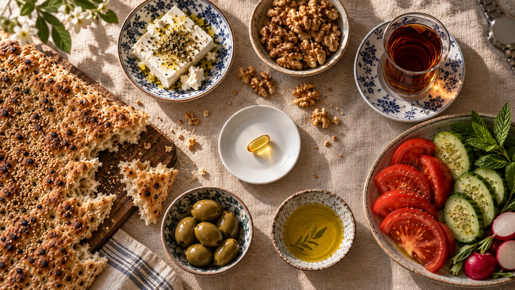 سفرهٔ صبحانهٔ ایرانی از بالا: نان سنگک، پنیر با روغن زیتون، مغز گردو، زیتون، کاسهٔ روغن زیتون، سالاد گوجه و خیار و استکان چای؛ یک کپسول امگا ۳ روی نعلبکی سفید در مرکز سفره