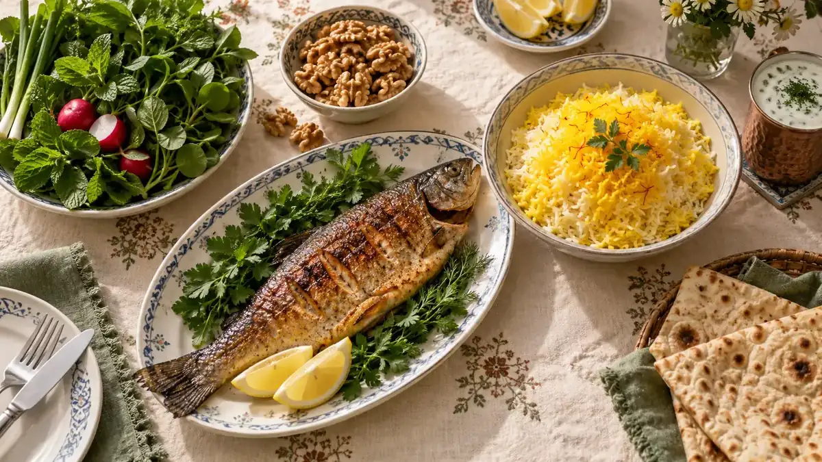 سفرهٔ ایرانی با ماهی قزل&zwnj;آلا، سبزی خوردن، گردو و نان