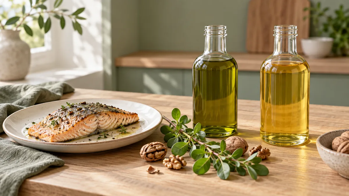 یک تکه ماهی چرب پخته در بشقاب، بطری روغن زیتون و بطری روغن آفتابگردان کنار گردو و سبزی خرفه روی میز چوبی آشپزخانه