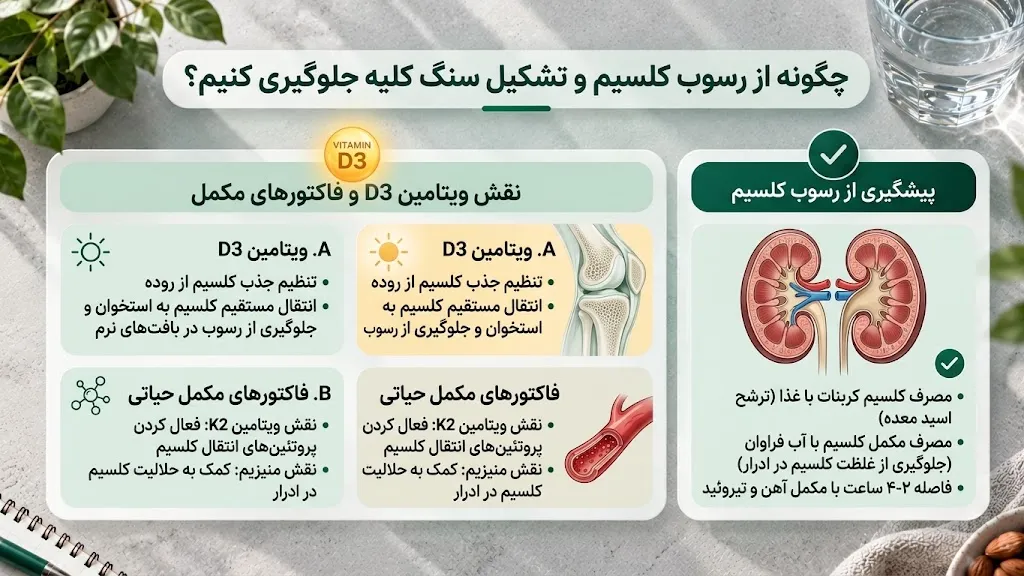 اینفوگرافیک آموزشی راهکارهای جلوگیری از رسوب کلسیم و تشکیل سنگ کلیه با کمک ویتامین D3 و K2 و هیدراتاسیون