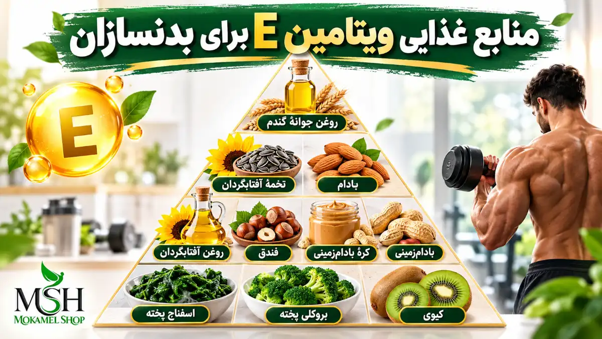 منابع غذایی ویتامین ای برای بدنسازان؛ هرم غذایی شامل بادام، تخمه آفتابگردان، کیوی و بروکلی