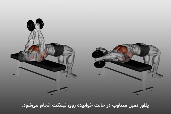 پلاور دمبل متناوب با استفاده از یک دمبل در حالت خوابیده روی نیمکت انجام می&zwnj;شود.