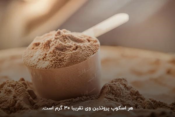 وزن هر اسکوپ پروتئین وی؛ تقریبا ۳۰ گرم