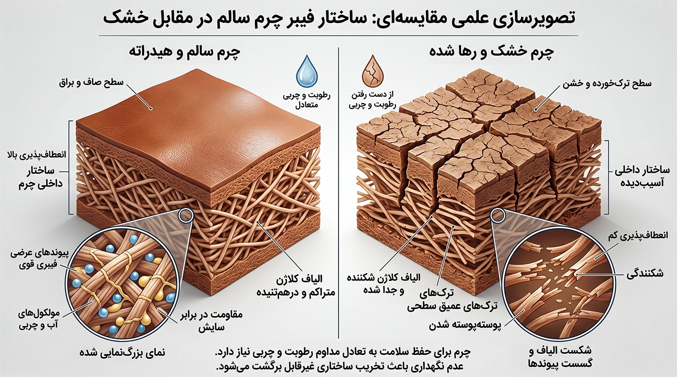 تفاوت بافت سالم چرم طبیعی و ترک خوردن سطح چرم به دلیل خشکی الیاف
