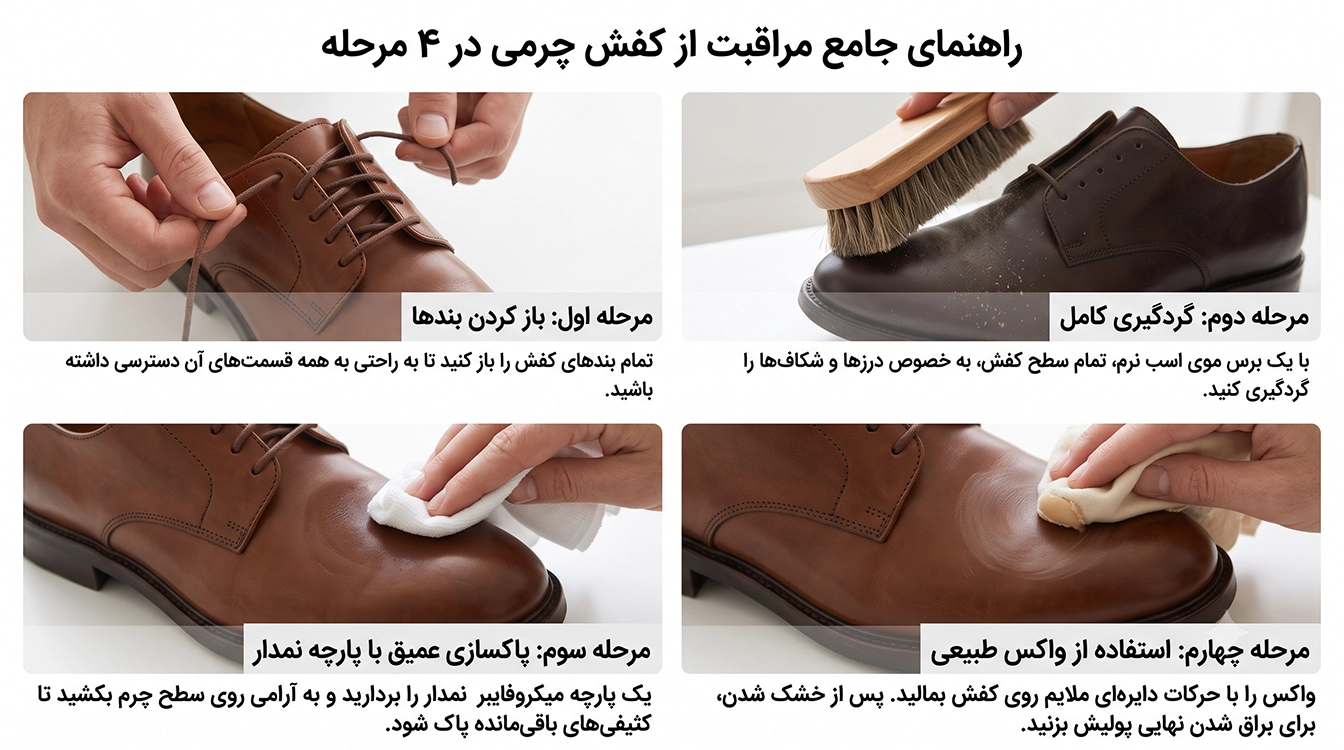 مراحل غبارروبی تمیز کردن و لکه گیری کفش چرم طبیعی در منزل