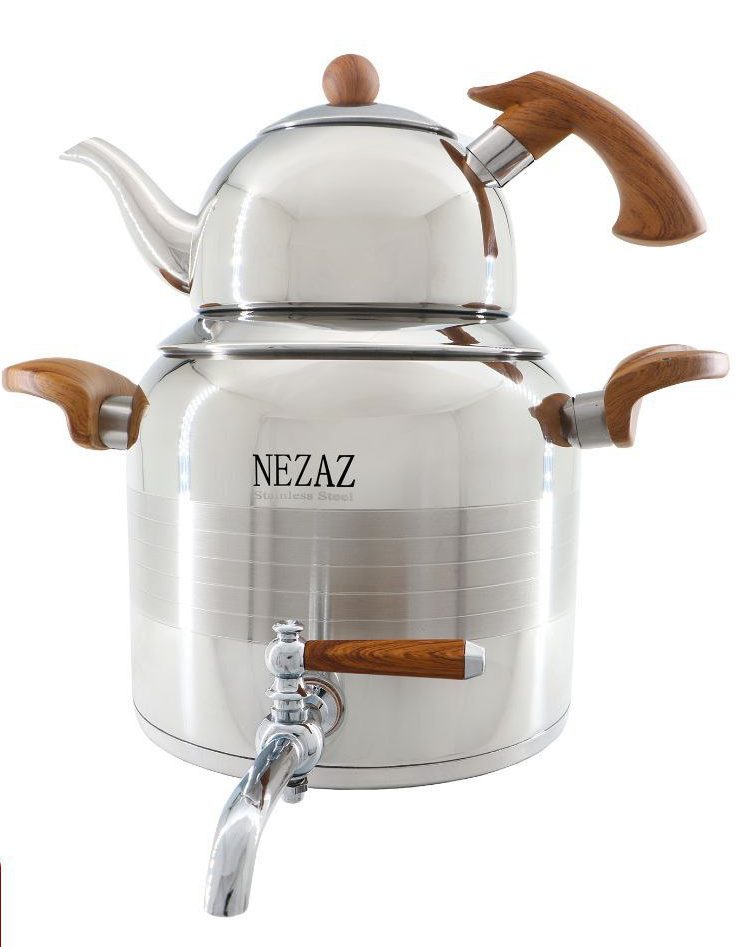 کتری و قوری 4/5 لیتر ترک ورق یک میل دسته چوب (NEZAZ) کد 3016