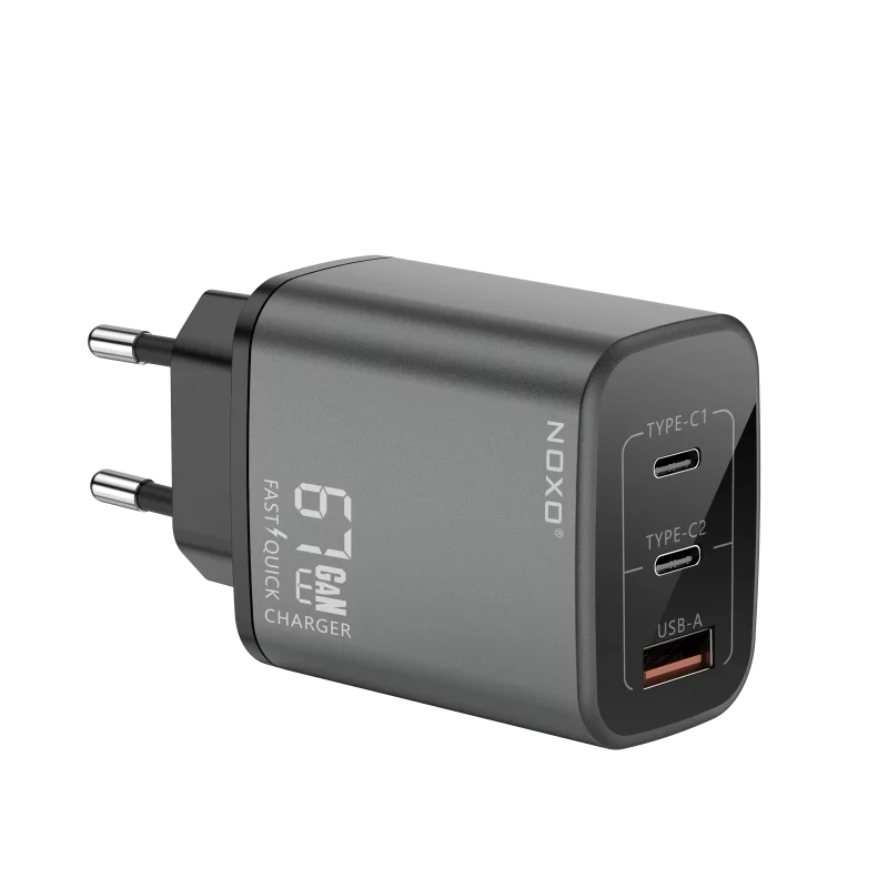 شارژر دیواری 67 وات نوکسو مدل CHN-P-2 با 3 پورت USB-C و USB-A، پشتیبانی از PD و QC3.0 (EU Pin) و فناوری GaN