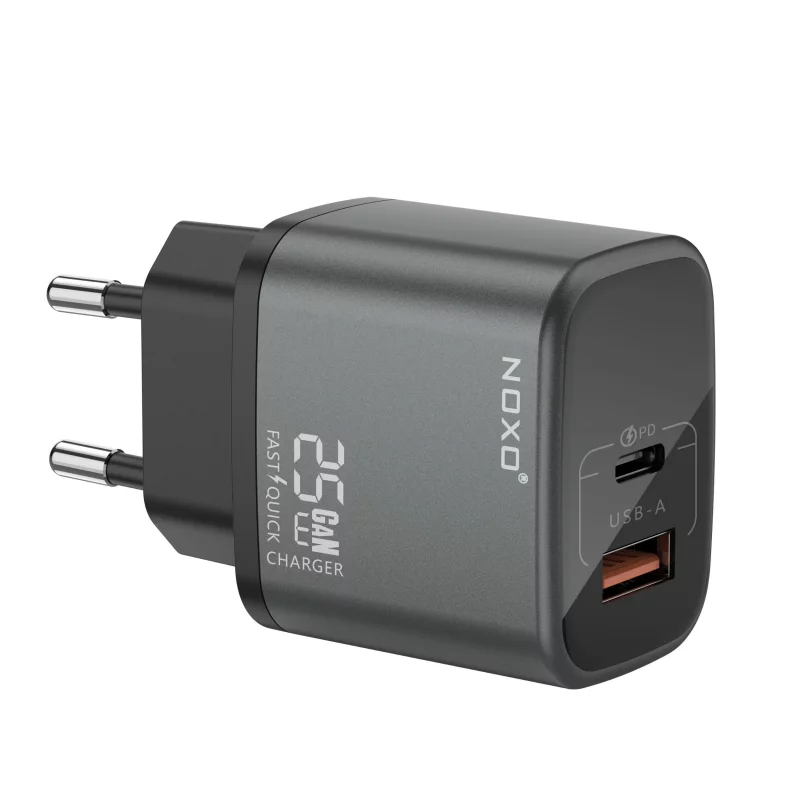 شارژر دیواری 25 وات نوکسو مدل CHN-P-1 با 2 پورت USB-C و USB-A، پشتیبانی از PD و QC3.0، فناوری GaN