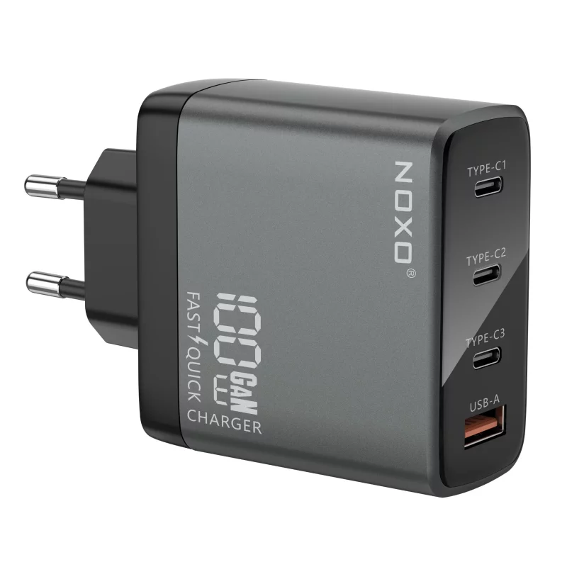 شارژر دیواری 100 وات نوکسو مدل CHN-P-3 با 4 پورت USB-C و USB-A، پشتیبانی از PD و QC3.0 (EU Pin) و فناوری GaN
