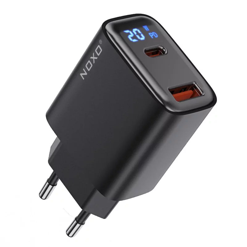 شارژر دیواری ۲۰ وات نوکسو مدل CHN-6 با ۲ پورت USB-A + USB-C، پشتیبانی PD و QC3.0 و نمایشگر دیجیتال (EU Pin)