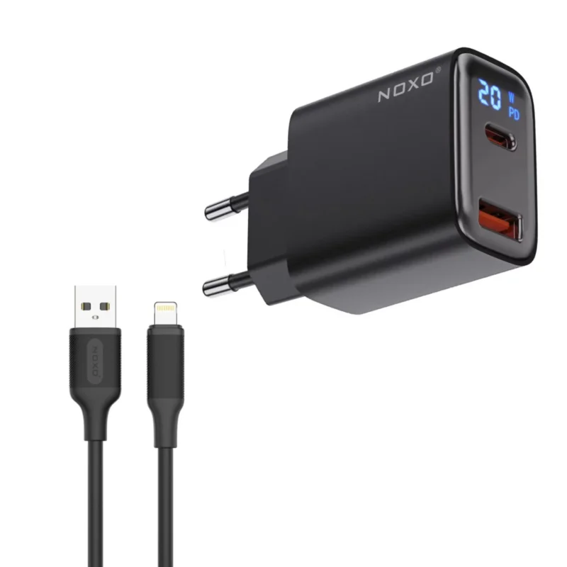 شارژر دیواری 20 وات دو پورت نوکسو مدل CHN-6 به همراه کابل تبدیل USB-A به Lightning نوکسو مدل CN-1 طول 1متر شارژ سریع 2.4 آمپر