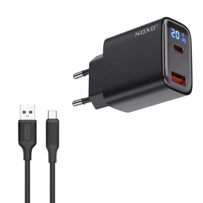 شارژر دیواری 20 وات PD و QC3.0 نوکسو مدل CHN-6 با 2 پورت USB-A + USB-C به همراه کابل تبدیل USB-A به Type-C مدل CN-1 طول 1متر