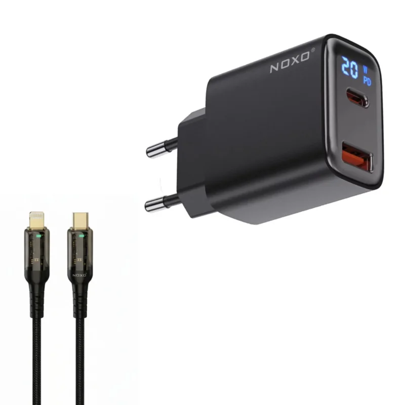 شارژر دیواری 20 وات دو پورت نوکسو مدل CHN-6 به همراه کابل تبدیل 30 وات Type-C به Lightning نوکسو مدل CN-3 طول 1.2 متر