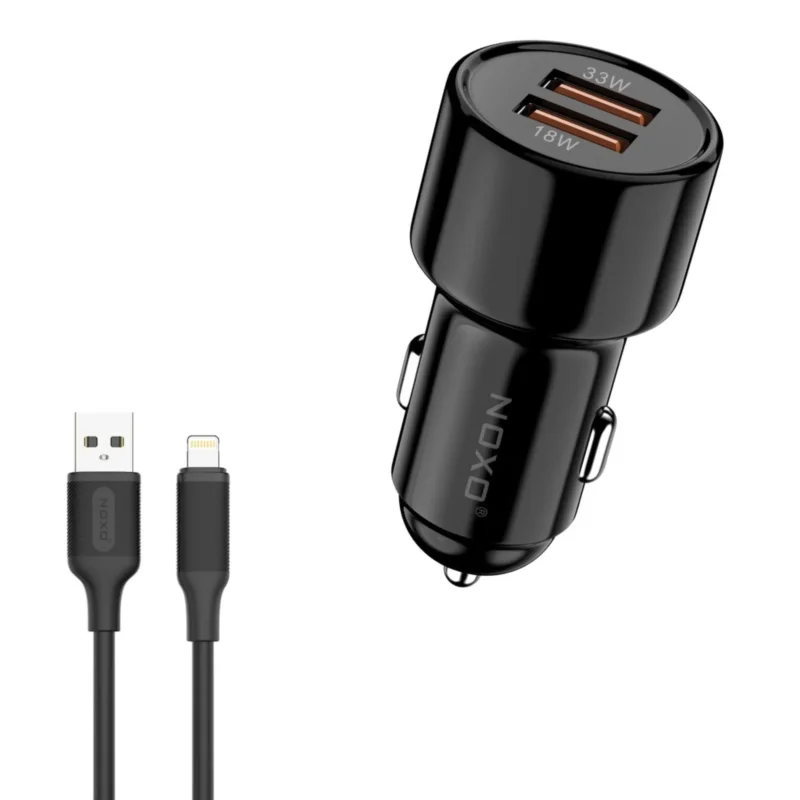 شارژر فندکی 51 وات دو پورت نوکسو مدل CCN-1 به همراه کابل تبدیل USB-A به Lightning نوکسو مدل CN-1 طول 1متر شارژ سریع 2.4 آمپر
