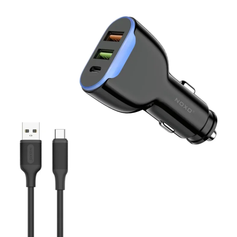 شارژر فندکی 30 وات سه پورت نوکسو مدل CCN-2 به همراه کابل تبدیل USB-A به Type-C نوکسو مدل CN-1 طول 1متر شارژ سریع 2.4 آمپر