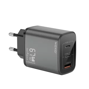 شارژر دیواری 67 وات نوکسو مدل CHN-P-2 با 3 پورت USB-C و USB-A، پشتیبانی از PD و QC3.0 (EU Pin) و فناوری GaN